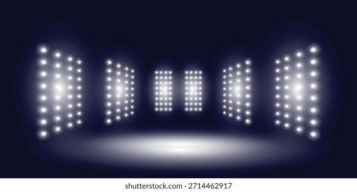 Poderosas luzes de estádio iluminando um palco vazio em um cenário de arena escura