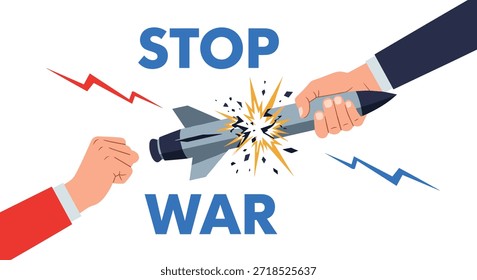 Poderoso mensaje de detener la guerra se muestra a través de una ilustración de manos rompiendo un misil con un efecto de explosión en un fondo blanco limpio.