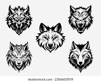 A powerful and striking wolf head illustration in black and white set, showcasing the intricate details of its fur and intense gaze