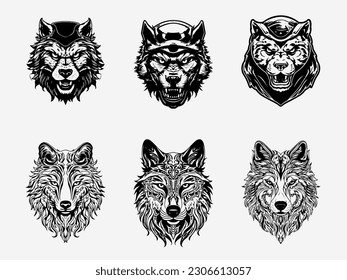 A powerful and striking wolf head illustration in black and white set, showcasing the intricate details of its fur and intense gaze