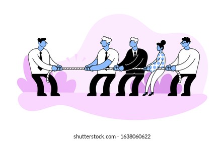 Powerful strong businessman competing with group of businessmen, office people team playing tug of war battle Business concept flat vector illustration, isolated on white background.