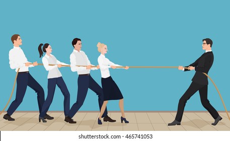 Powerful strong businessman competing with group of businessmen office people team playing tug of war battle