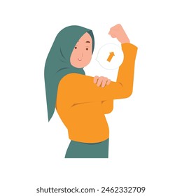 Powerful strong muslim woman raises arms and shows biceps, inner strength concept illustration