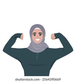 Powerful strong muslim woman raises arms and shows biceps. Flat vector Character Illustration