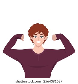 Powerful strong woman raises arms and shows biceps. Flat vector Character Illustration