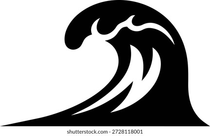 Un poderoso icono estilizado en blanco y negro que representa una dinámica ola oceánica rompiendo