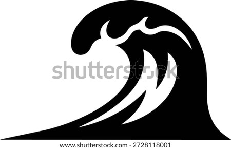 A powerful stylized black and white icon depicting a dynamic ocean wave breaking