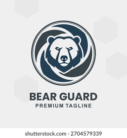 Uma cabeça poderosa e estilizada de um urso, ajustada contra redemoinhos, azul escuro dinâmico e formas cinzentas, simbolizando a força, a proteção, a segurança e a defesa.