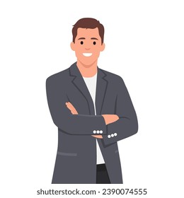 Powerful Successful Young Businessman with high self esteem and confidence dressed in stylish suit, pointing himself with fingers proud and happy. Flat vector illustration isolated on white background