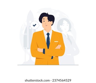 Powerful Successful Young Businessman standing with crossed arms, high self esteem, confidence , pointing finger at himself with proud concept illustration