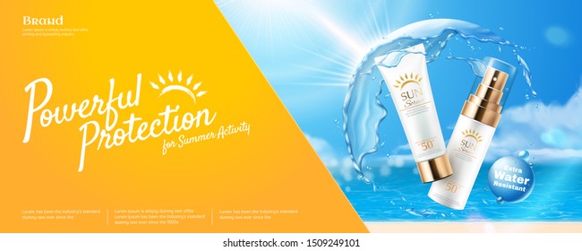 Leistungsstarker Sonnenschutzbanner mit Wasserschutzschild auf blauem Himmel in 3D-Abbildung