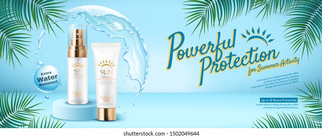 Powerful Sunscreen Product Banner With Water Protective Shield On Summer Tropical Blue Background In 3d Illustration