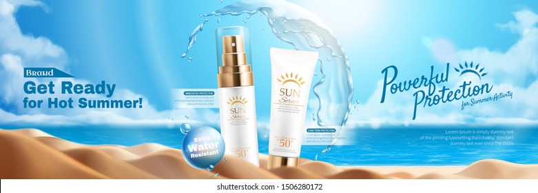 Powerful Sunscreen Product Banner Water Protective Stock Vector ...