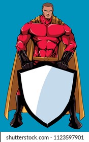 Powerful superhero holding big shield with copy space.