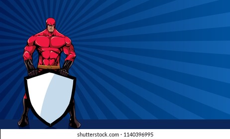 Powerful Superhero Holding Big Shield With Copy Space.