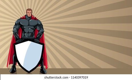 Powerful superhero holding big shield with copy space.