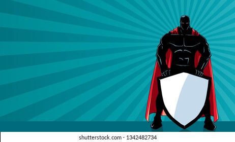 Powerful superhero holding big shield with copy space.