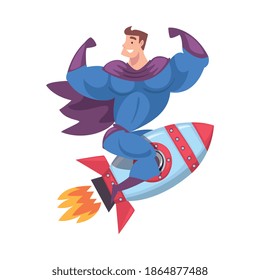 Powerful Superhero Man Flying on Space Rocket, Leadership, Achievement, Competition, Success Concept Cartoon Style Vector Illustration
