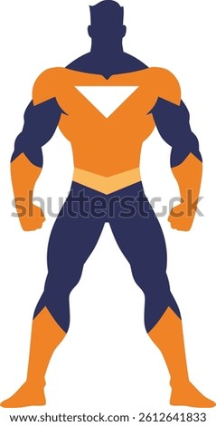 A powerful superhero stands confidently with arms crossed, displaying a strong physique and a vibrant orange and navy costume, evoking a sense of strength and determination.