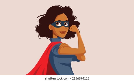 
Powerful Superhero Woman Of African Ethnicity Vector Cartoon Character. Strong Female Hero Showing Self-confidence And Courage Being Fierce
