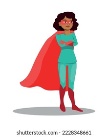 Powerful Superhero Woman of African Ethnicity Vector Cartoon Character. Strong female hero showing self-confidence and courage being fierce.