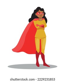 Powerful Superhero Woman of African Ethnicity Vector Cartoon Character. Strong female hero showing self-confidence and courage being fierce.