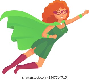 Powerful superhero woman with curly red hair and mask is flying wearing a green costume and cape, smiling and ready for action