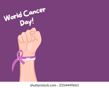 A powerful symbol of hope and unity in the fight against cancer. A fist with a purple ribbon, with the words "World Cancer Day" written in white.