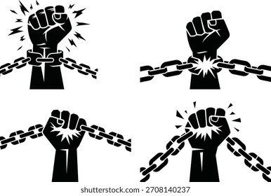 Powerful symbol of human rights and protest. Revolution and uprising concept. Black raised fist breaking shackles. Strength and liberation from oppression.
