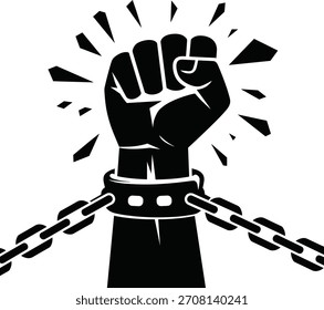 Powerful symbol of human rights and protest. Revolution and uprising concept. Black raised fist breaking shackles. Strength and liberation from oppression.