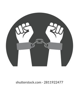 A powerful symbol of resistance and activism with hands in chains raised up in defiance or protest on a dark background