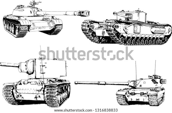 powerful
tank with a gun drawn in ink freehand
sketch