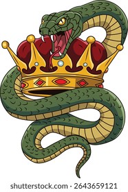 Uma poderosa ilustração em estilo de tatuagem de uma cobra verde enrolada em torno de uma coroa real dourada. A cobra tem suas presas nuas em uma pose agressiva. 