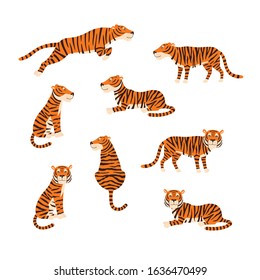 Powerful tiger in different actions set of cartoon vector Illustrations