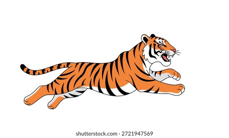 Potente tigre salta por el aire con una expresión feroz y la boca abierta en esta dinámica ilustración de acción animal salvaje.