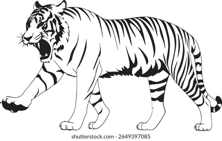 Powerful tiger silhouette vector illustration, ideal for logos, tattoos, posters, wildlife art, branding, and jungle-themed designs. Fully scalable and perfect for print or digital use.