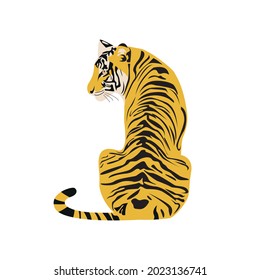 Powerful tiger vector illustration. Sitting tiger isolated on white. Bengal tiger vector illustration. The tiger sits with his back and looks to the side
