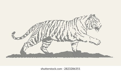 Powerful tiger walking on ground illustration crafted with detailed halftone dot effect design. Majestic wild feline predator animal in motion striped pattern artistic vector.