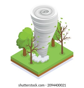 Powerful tornado hits forest 3d isometric composition vector illustration