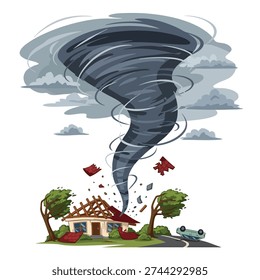A powerful tornado wreaks havoc on a house and surrounding landscape.
