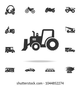 Powerful tractor, grader with bucket icon. Detailed set of transport icons. Premium quality graphic design. One of the collection icons for websites, web design, mobile app on white background
