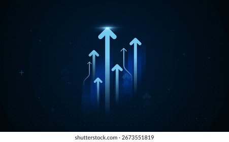 Potente movimiento ascendente con un grupo de flechas azules elegantes basadas en el Vector que ascienden contra un degradado azul profundo. Flechas ascendentes de finanzas y negocios sobre fondo degradado oscuro.