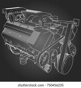 Leistungsstarker V8-Automotor. Der Motor ist mit weißen Linien auf einem schwarzen Blatt in einem Käfig gezeichnet.