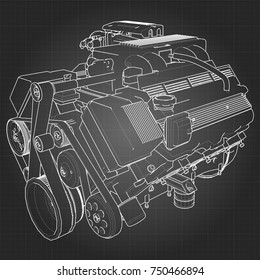 Powerful V8 car engine. The engine is drawn with white lines on a black sheet in a cage.