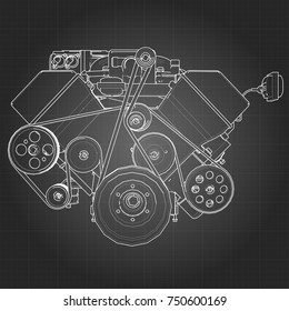 Leistungsstarker V8-Automotor. Der Motor ist mit weißen Linien auf einem schwarzen Blatt in einem Käfig gezeichnet.