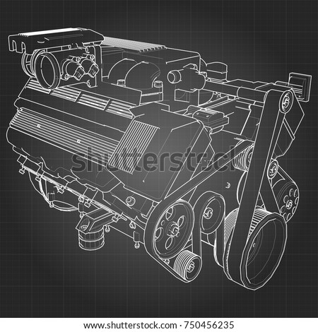 Powerful V8 car engine. The engine is drawn with white lines on a black sheet in a cage.