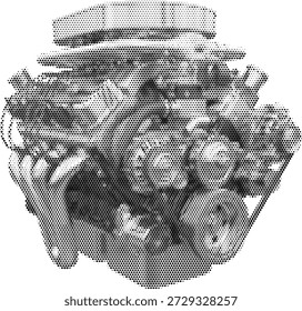 Powerful V8 engine motor in halftone duotone style for automotive and industrial designs