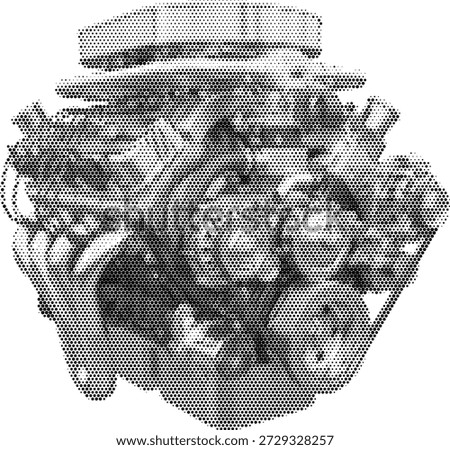 Powerful V8 engine motor in halftone duotone style for automotive and industrial designs