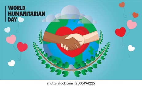 A powerful vector celebrating World Humanitarian Day, showcasing hands shaking over a heart and globe, symbolizing global unity, peace, and humanitarian efforts. Ideal for use in awareness campaigns.