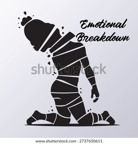 A powerful vector illustrating an emotional breakdown or mental health crisis. A fragmented silhouette of a person on their knees conveys stress, anxiety, and despair. Perfect for mental wellness, therapy, and psychology projects.